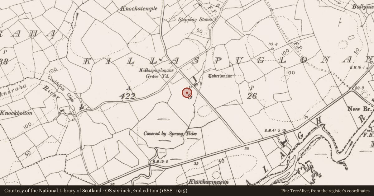 Ordnance Survey six-inch map, 2nd edition (1888–1915) covering the location of Building, Killaspuglonane, County Clare, with a pin at the register's coordinates