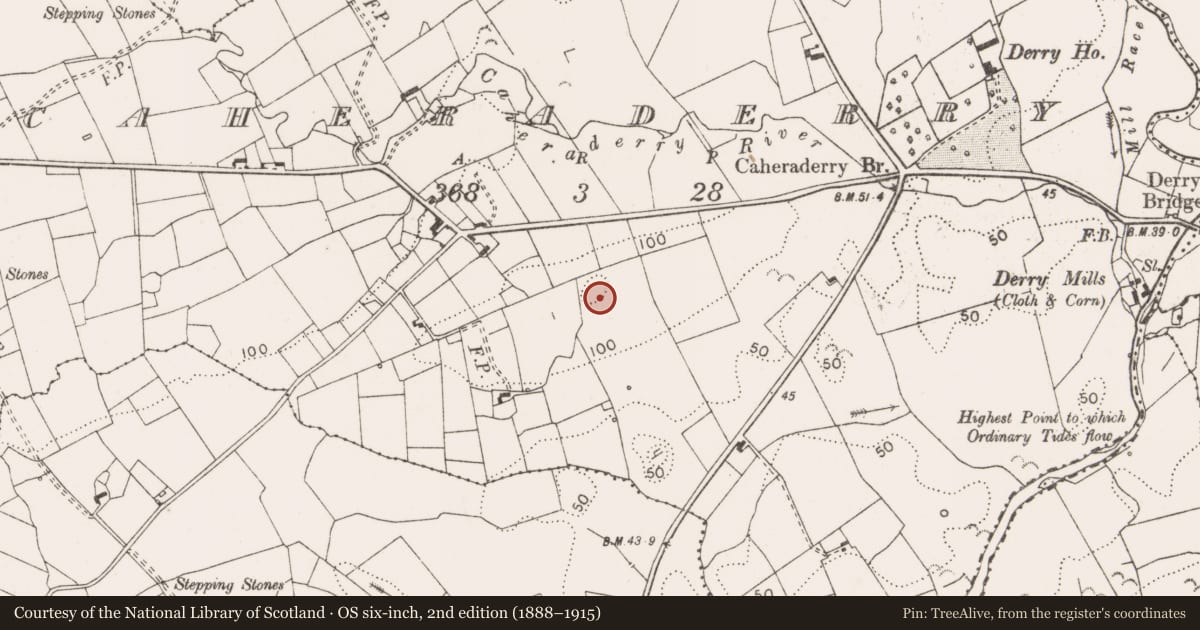 Ordnance Survey six-inch map, 2nd edition (1888–1915) covering the location of Ringfort - cashel, Caheraderry, County Clare, with a pin at the register's coordinates