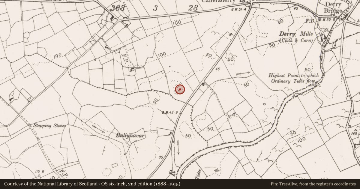 Ordnance Survey six-inch map, 2nd edition (1888–1915) covering the location of Enclosure, Caheraderry, County Clare, with a pin at the register's coordinates