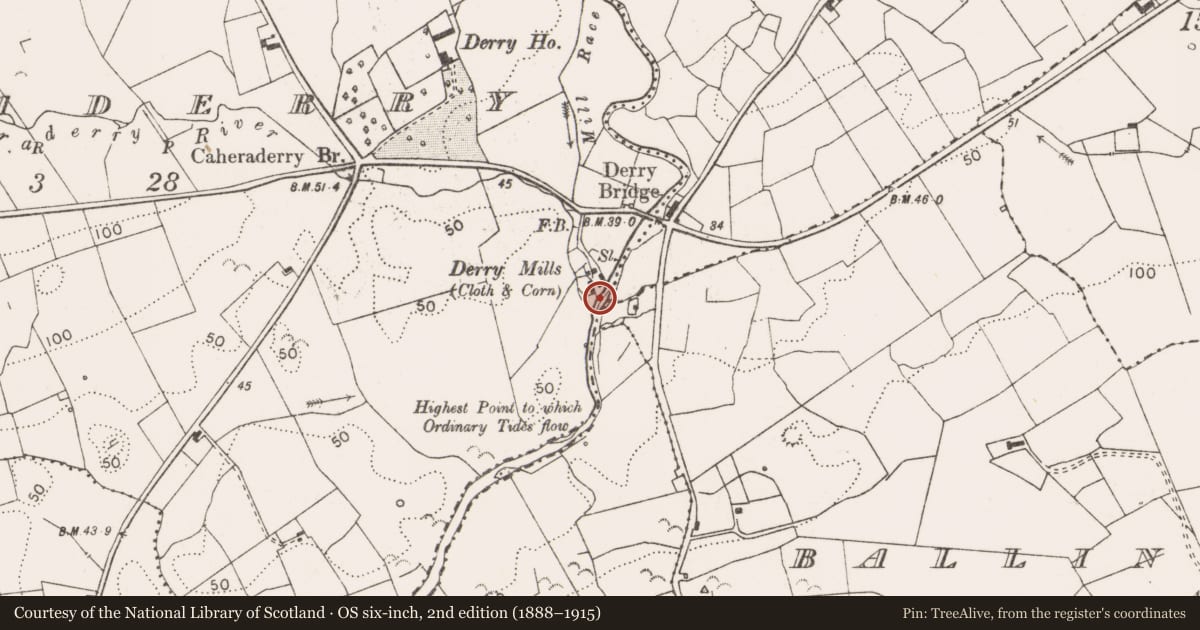 Ordnance Survey six-inch map, 2nd edition (1888–1915) covering the location of Water mill - unclassified, Caheraderry, County Clare, with a pin at the register's coordinates