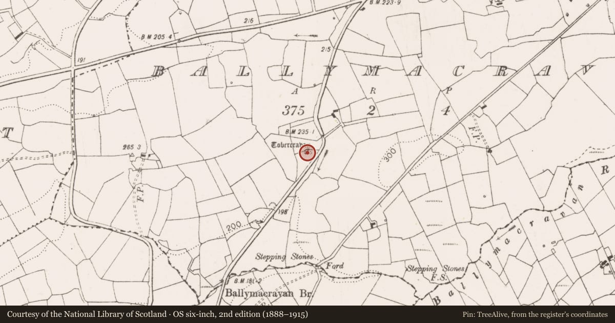 Ordnance Survey six-inch map, 2nd edition (1888–1915) covering the location of Ritual site - holy well, Ballymacravan, County Clare, with a pin at the register's coordinates