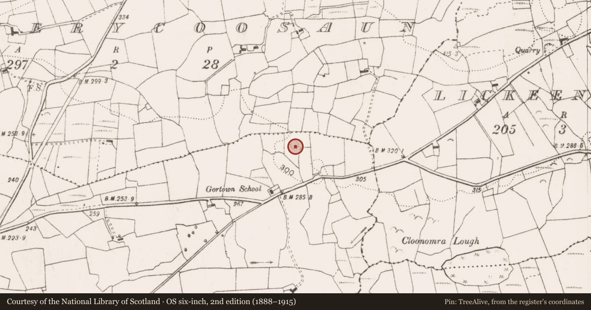 Ordnance Survey six-inch map, 2nd edition (1888–1915) covering the location of Barrow - ring-barrow, Ballymacravan, County Clare, with a pin at the register's coordinates