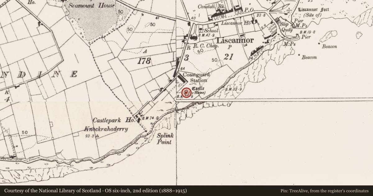 Ordnance Survey six-inch map, 2nd edition (1888–1915) covering the location of Castle - tower house, Liscannor, County Clare, with a pin at the register's coordinates