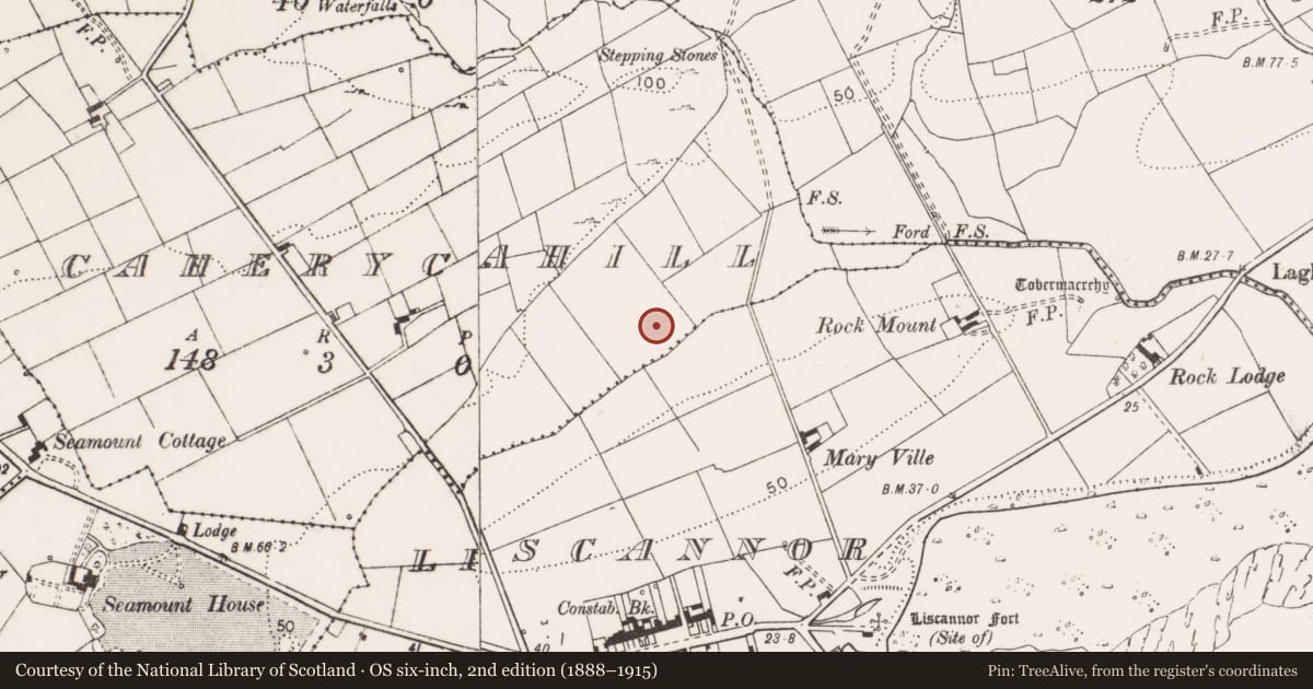 Ordnance Survey six-inch map, 2nd edition (1888–1915) covering the location of Enclosure, Caherycahill, County Clare, with a pin at the register's coordinates