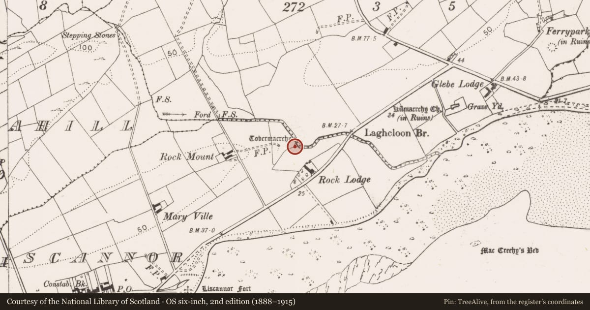 Ordnance Survey six-inch map, 2nd edition (1888–1915) covering the location of Ritual site - holy well, Liscannor, County Clare, with a pin at the register's coordinates