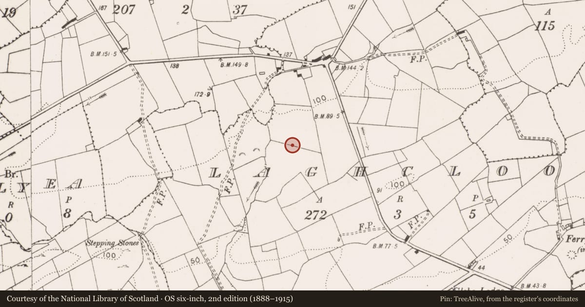 Ordnance Survey six-inch map, 2nd edition (1888–1915) covering the location of Ringfort - rath, Laghcloon, County Clare, with a pin at the register's coordinates