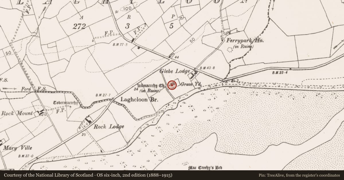 Ordnance Survey six-inch map, 2nd edition (1888–1915) covering the location of Church, Laghcloon, County Clare, with a pin at the register's coordinates