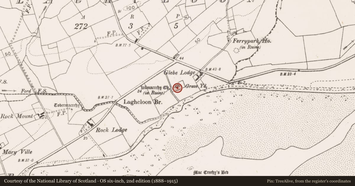 Ordnance Survey six-inch map, 2nd edition (1888–1915) covering the location of Graveyard, Laghcloon, County Clare, with a pin at the register's coordinates