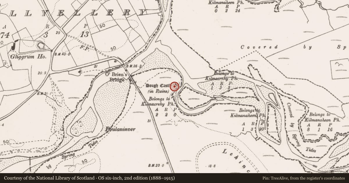 Ordnance Survey six-inch map, 2nd edition (1888–1915) covering the location of Castle - tower house, Dough, County Clare, with a pin at the register's coordinates