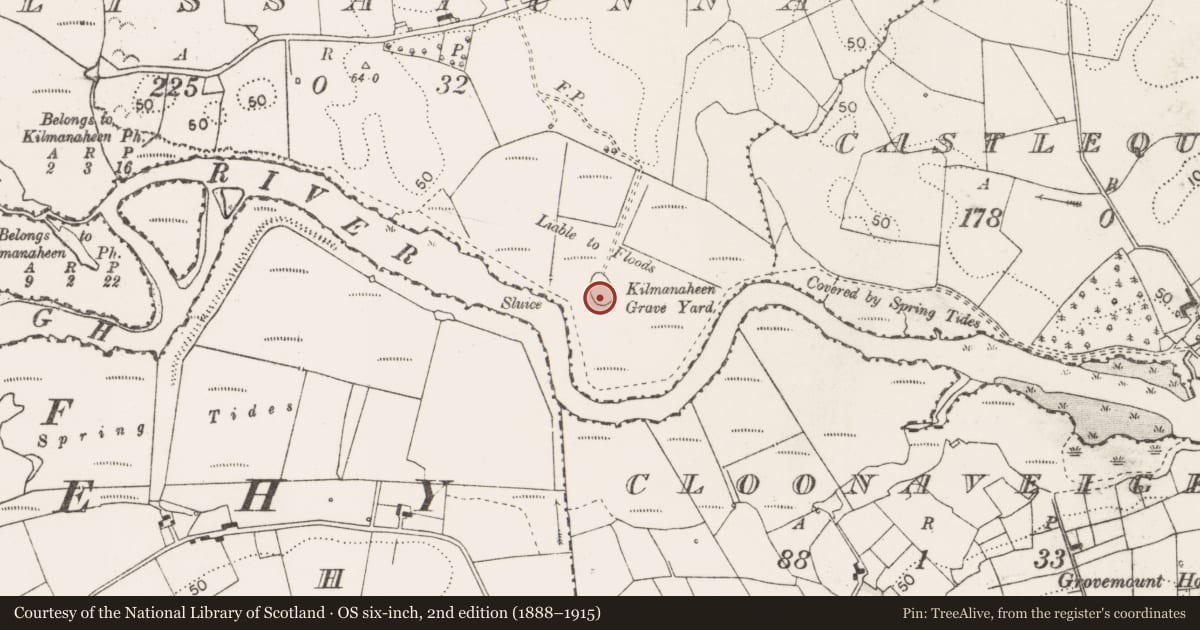 Ordnance Survey six-inch map, 2nd edition (1888–1915) covering the location of Church, Lissatunna, County Clare, with a pin at the register's coordinates