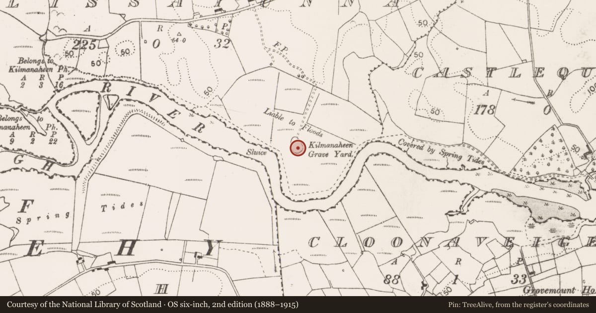 Ordnance Survey six-inch map, 2nd edition (1888–1915) covering the location of Graveyard, Lissatunna, County Clare, with a pin at the register's coordinates