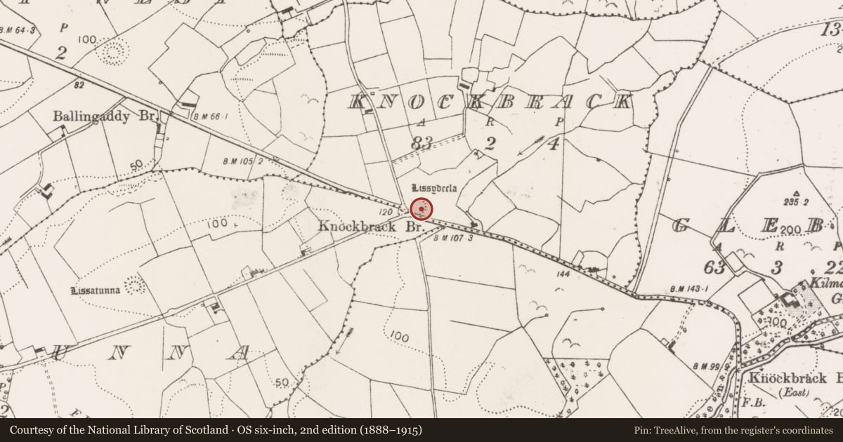 Ordnance Survey six-inch map, 2nd edition (1888–1915) covering the location of Ringfort - rath, Knockbrack, County Clare, with a pin at the register's coordinates