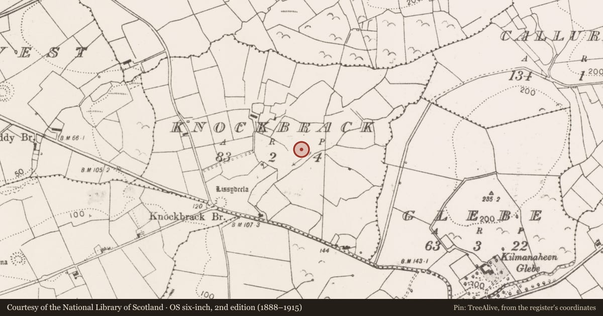 Ordnance Survey six-inch map, 2nd edition (1888–1915) covering the location of Ringfort - rath, Knockbrack, County Clare, with a pin at the register's coordinates