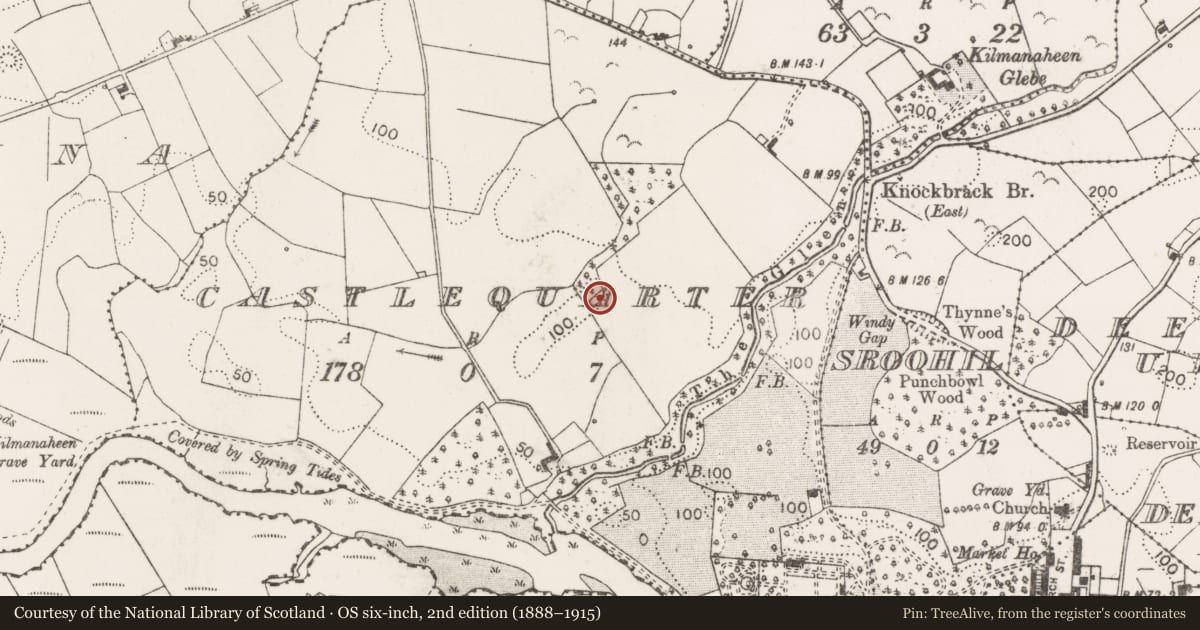 Ordnance Survey six-inch map, 2nd edition (1888–1915) covering the location of Mound, Castlequarter, County Clare, with a pin at the register's coordinates