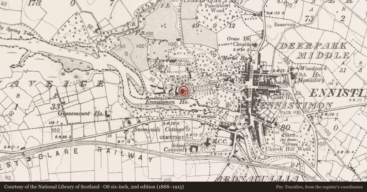 Ordnance Survey six-inch map, 2nd edition (1888–1915) covering the location of Castle - tower house, Castlequarter, County Clare, with a pin at the register's coordinates