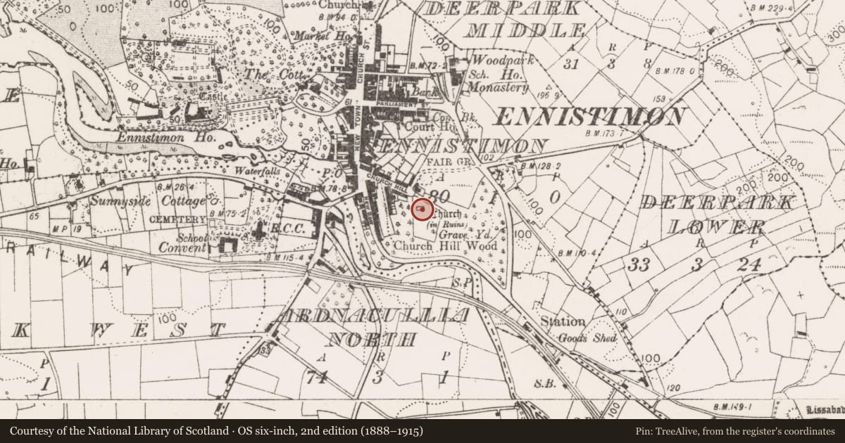 Ordnance Survey six-inch map, 2nd edition (1888–1915) covering the location of Church, Ennistimon, County Clare, with a pin at the register's coordinates