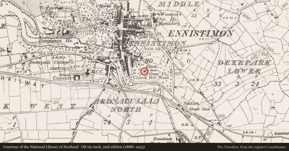 Ordnance Survey six-inch map, 2nd edition (1888–1915) covering the location of Graveyard, Ennistimon, County Clare, with a pin at the register's coordinates