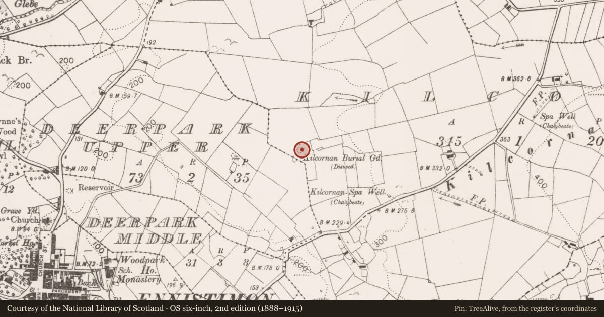 Ordnance Survey six-inch map, 2nd edition (1888–1915) covering the location of Children's burial ground, Kilcornan, County Clare, with a pin at the register's coordinates