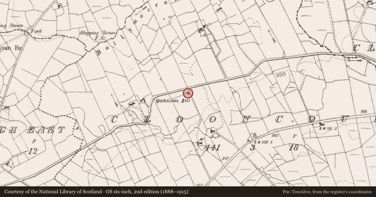 Ordnance Survey six-inch map, 2nd edition (1888–1915) covering the location of Ringfort - rath, Clooncoul, County Clare, with a pin at the register's coordinates