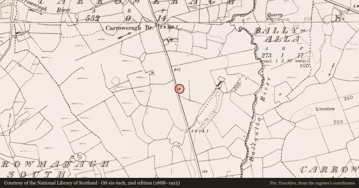 Ordnance Survey six-inch map, 2nd edition (1888–1915) covering the location of Enclosure, Carroweragh, County Clare, with a pin at the register's coordinates