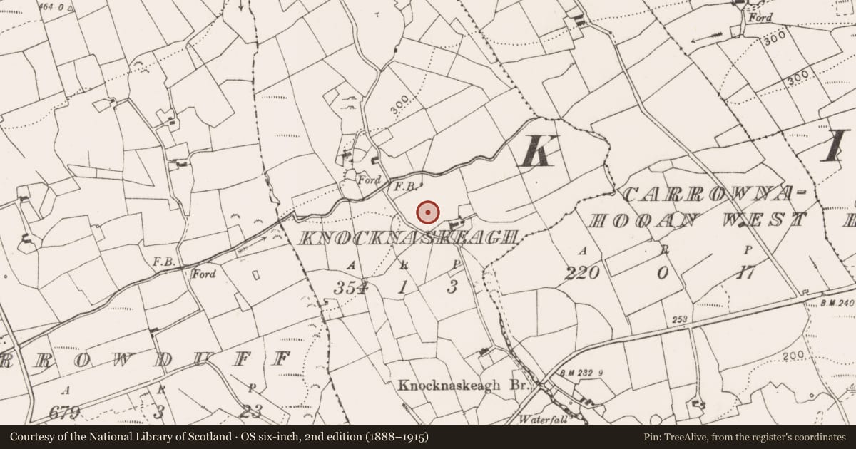 Ordnance Survey six-inch map, 2nd edition (1888–1915) covering the location of Enclosure, Knocknaskeagh, County Clare, with a pin at the register's coordinates