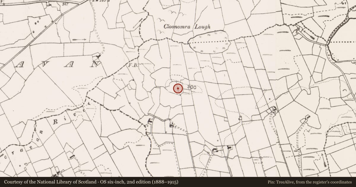 Ordnance Survey six-inch map, 2nd edition (1888–1915) covering the location of Enclosure, Cloonomra, County Clare, with a pin at the register's coordinates