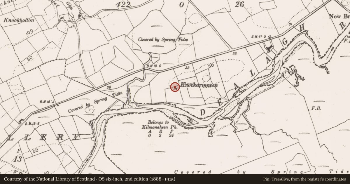 Ordnance Survey six-inch map, 2nd edition (1888–1915) covering the location of Enclosure, Killaspuglonane, County Clare, with a pin at the register's coordinates