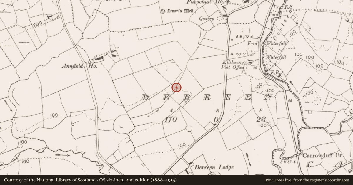 Ordnance Survey six-inch map, 2nd edition (1888–1915) covering the location of Fulacht fia, Derreen, County Clare, with a pin at the register's coordinates