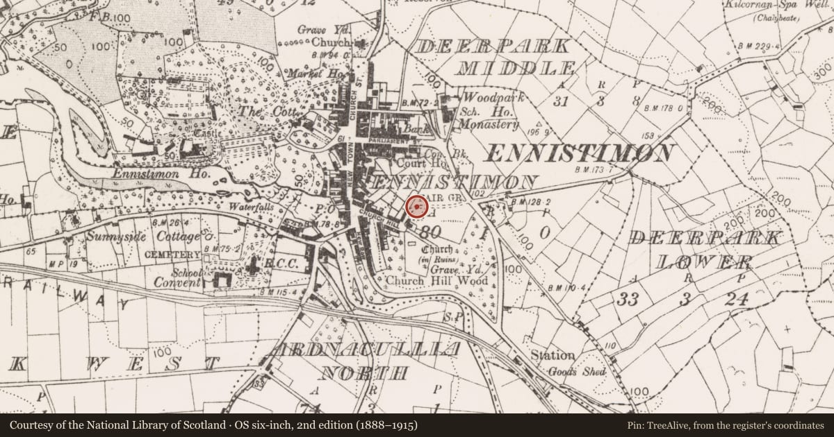 Ordnance Survey six-inch map, 2nd edition (1888–1915) covering the location of Children's burial ground, Ennistimon, County Clare, with a pin at the register's coordinates