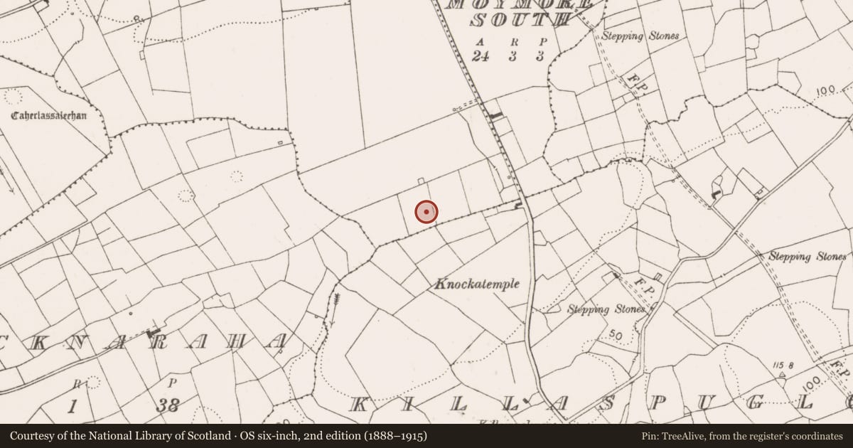 Ordnance Survey six-inch map, 2nd edition (1888–1915) covering the location of Burnt mound, Ballyfaudeen, County Clare, with a pin at the register's coordinates