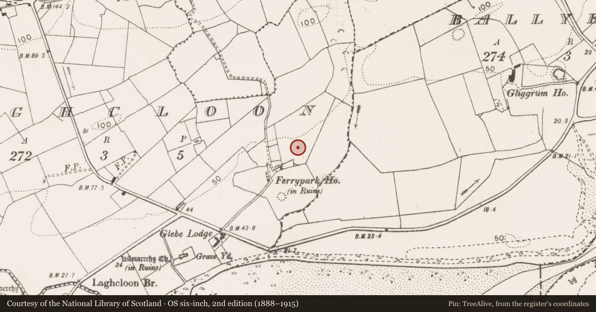 Ordnance Survey six-inch map, 2nd edition (1888–1915) covering the location of Enclosure, Laghcloon, County Clare, with a pin at the register's coordinates