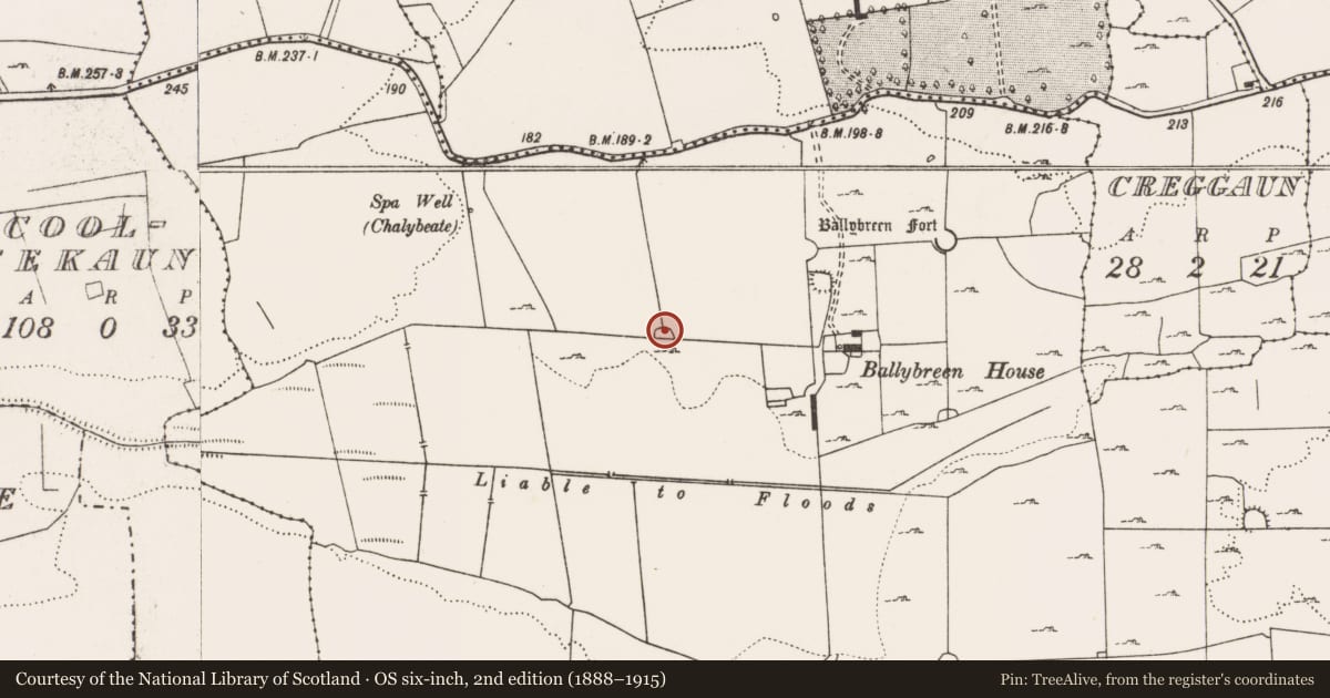Ordnance Survey six-inch map, 2nd edition (1888–1915) covering the location of Enclosure, Ballybreen, County Clare, with a pin at the register's coordinates
