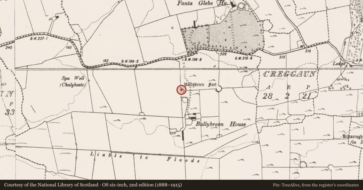 Ordnance Survey six-inch map, 2nd edition (1888–1915) covering the location of Field boundary, Ballybreen, County Clare, with a pin at the register's coordinates