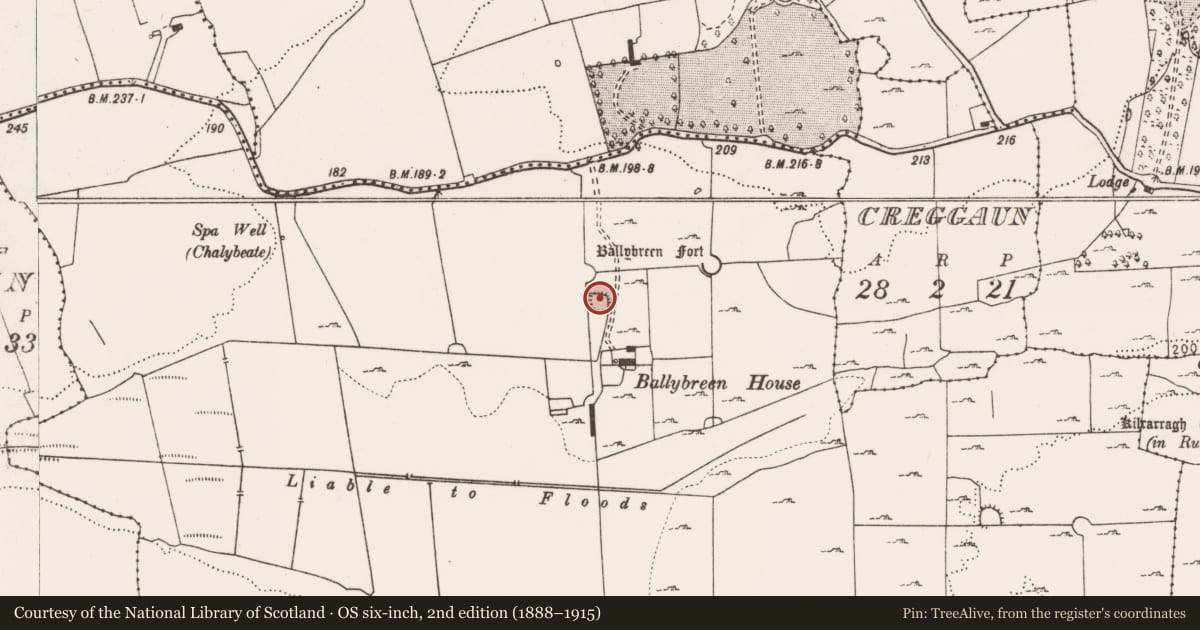 Ordnance Survey six-inch map, 2nd edition (1888–1915) covering the location of Ringfort - cashel, Ballybreen, County Clare, with a pin at the register's coordinates