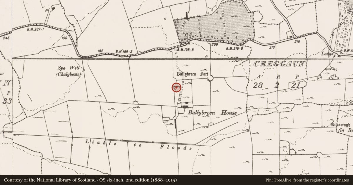 Ordnance Survey six-inch map, 2nd edition (1888–1915) covering the location of Souterrain, Ballybreen, County Clare, with a pin at the register's coordinates