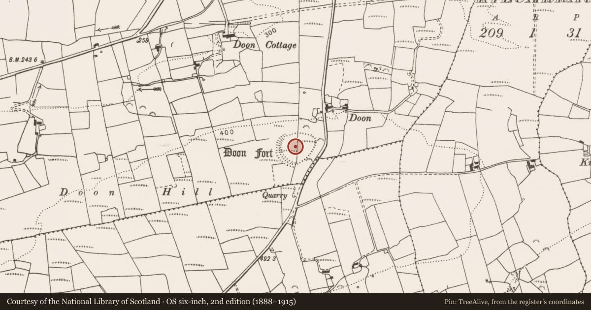Ordnance Survey six-inch map, 2nd edition (1888–1915) covering the location of Hilltop enclosure, Ballybreen, County Clare, with a pin at the register's coordinates