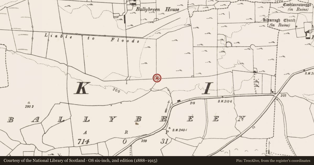 Ordnance Survey six-inch map, 2nd edition (1888–1915) covering the location of Enclosure, Ballybreen, County Clare, with a pin at the register's coordinates