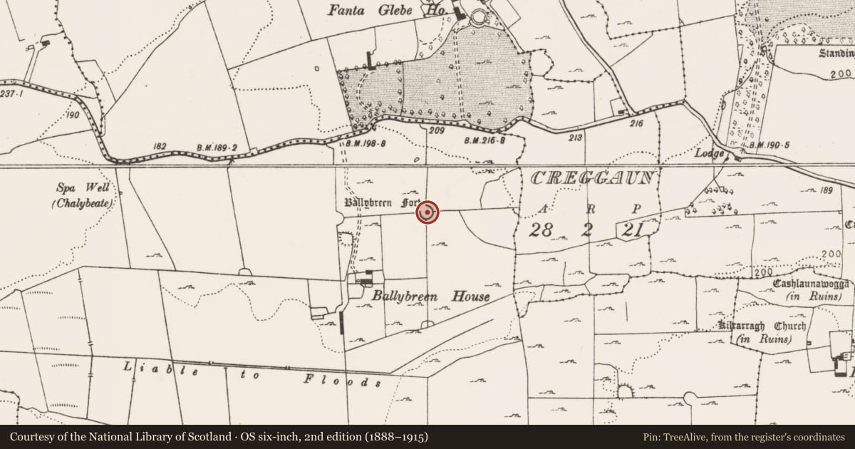 Ordnance Survey six-inch map, 2nd edition (1888–1915) covering the location of Enclosure, Ballybreen, County Clare, with a pin at the register's coordinates