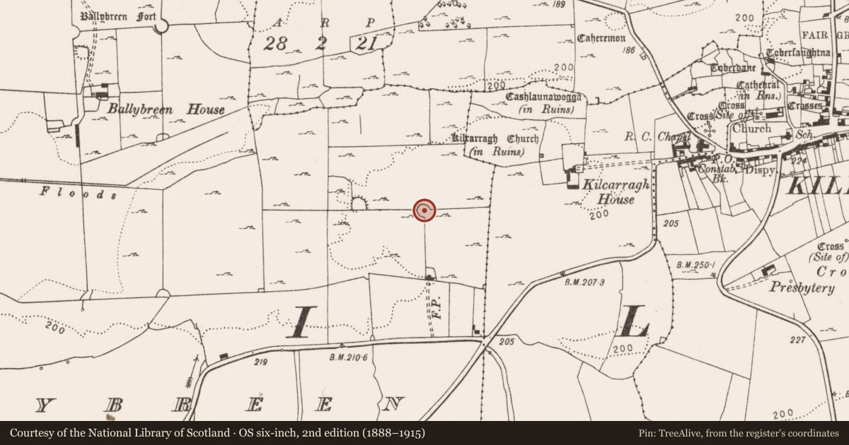 Ordnance Survey six-inch map, 2nd edition (1888–1915) covering the location of Enclosure, Ballybreen, County Clare, with a pin at the register's coordinates