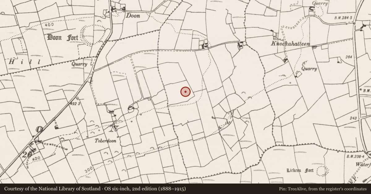 Ordnance Survey six-inch map, 2nd edition (1888–1915) covering the location of Enclosure, Kilcarragh, County Clare, with a pin at the register's coordinates