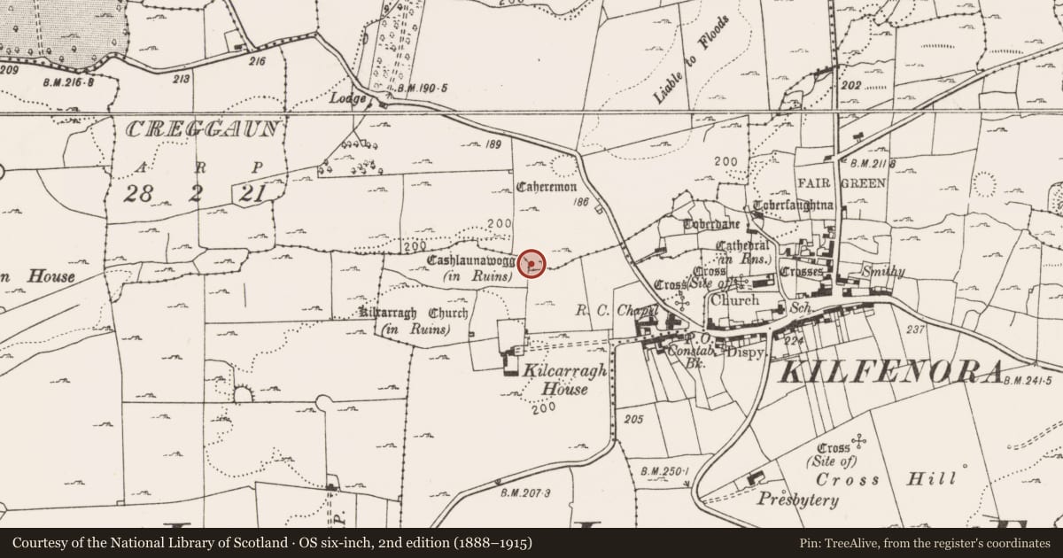 Ordnance Survey six-inch map, 2nd edition (1888–1915) covering the location of Bawn, Kilcarragh, County Clare, with a pin at the register's coordinates
