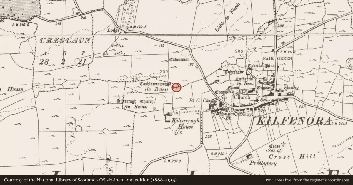 Ordnance Survey six-inch map, 2nd edition (1888–1915) covering the location of Kiln - lime, Kilcarragh, County Clare, with a pin at the register's coordinates