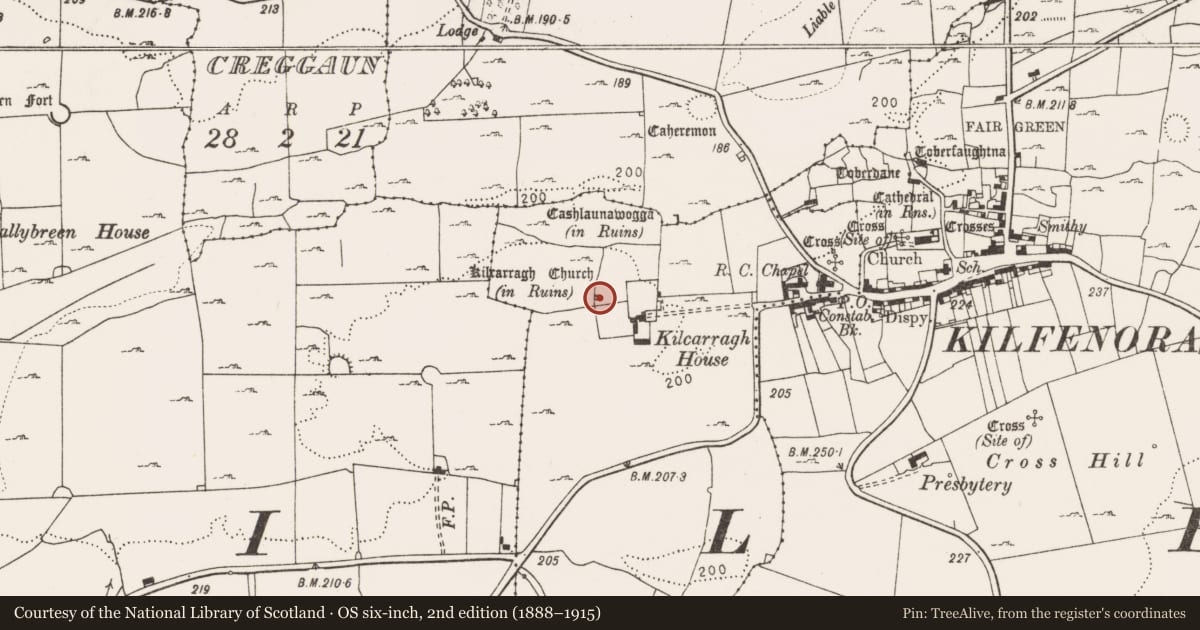 Ordnance Survey six-inch map, 2nd edition (1888–1915) covering the location of Church, Kilcarragh, County Clare, with a pin at the register's coordinates