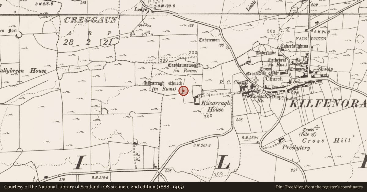 Ordnance Survey six-inch map, 2nd edition (1888–1915) covering the location of Graveyard, Kilcarragh, County Clare, with a pin at the register's coordinates