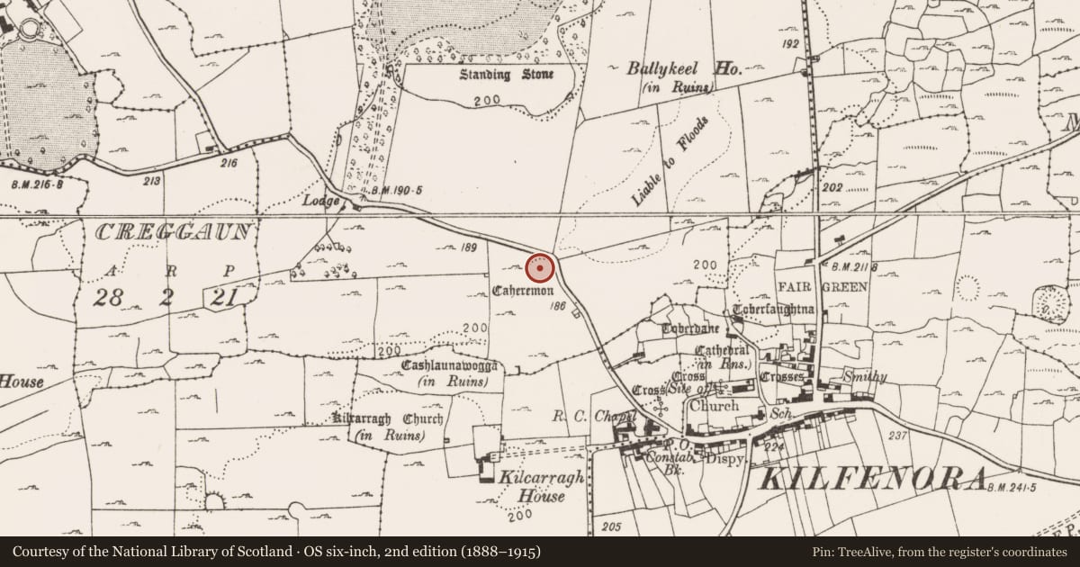 Ordnance Survey six-inch map, 2nd edition (1888–1915) covering the location of Ringfort - cashel, Ballykeel South, County Clare, with a pin at the register's coordinates