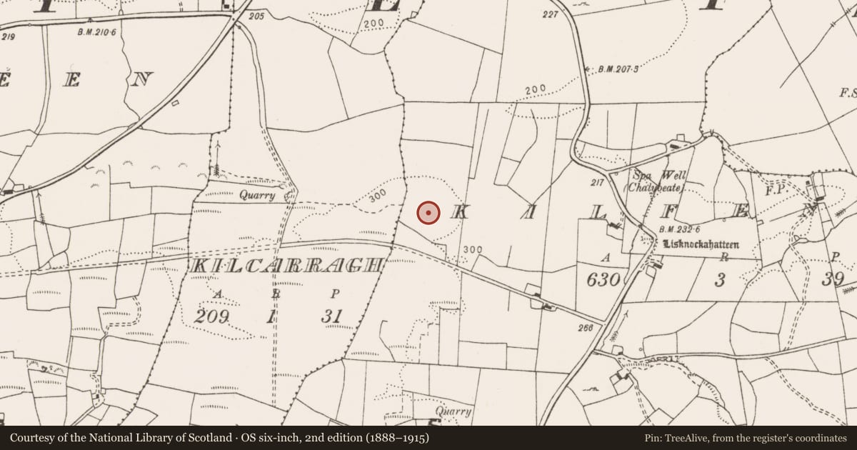 Ordnance Survey six-inch map, 2nd edition (1888–1915) covering the location of Barrow - ring-barrow, Kilfenora, County Clare, with a pin at the register's coordinates