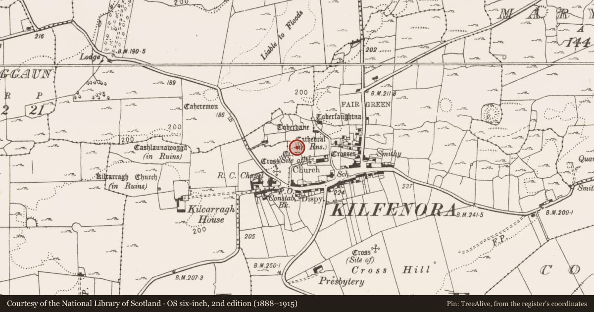 Ordnance Survey six-inch map, 2nd edition (1888–1915) covering the location of Ecclesiastical enclosure, Kilfenora, County Clare, with a pin at the register's coordinates