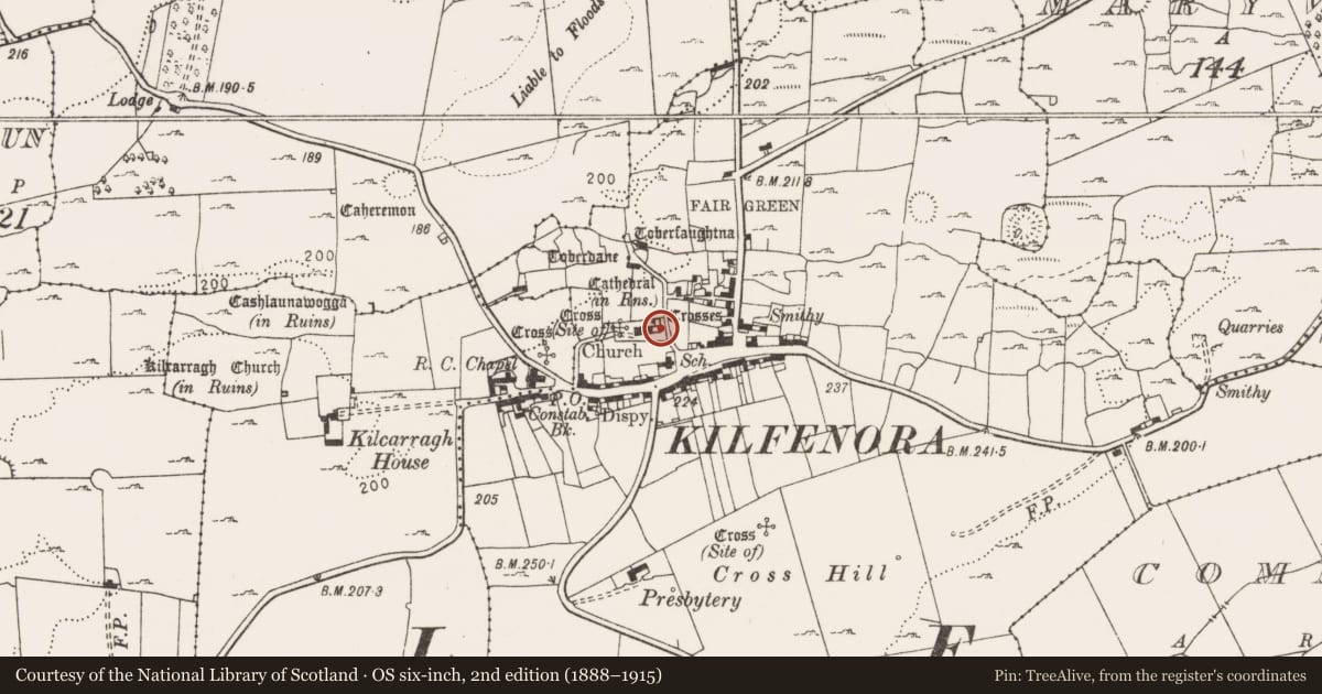Ordnance Survey six-inch map, 2nd edition (1888–1915) covering the location of Cathedral, Kilfenora, County Clare, with a pin at the register's coordinates