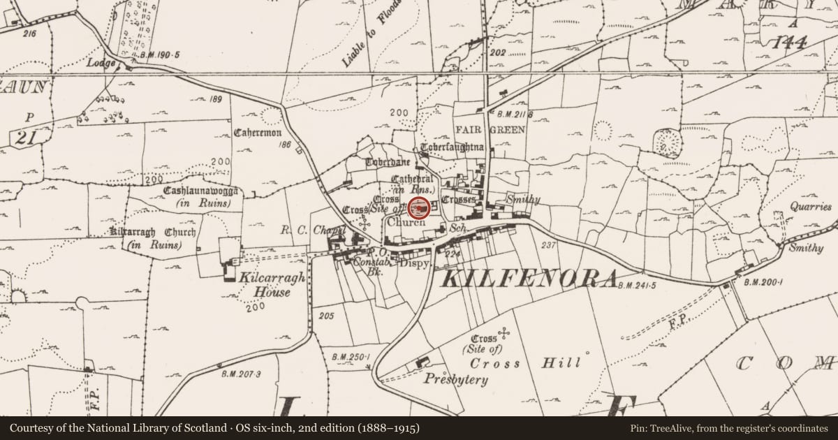 Ordnance Survey six-inch map, 2nd edition (1888–1915) covering the location of Graveyard, Kilfenora, County Clare, with a pin at the register's coordinates