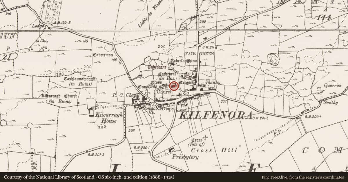 Ordnance Survey six-inch map, 2nd edition (1888–1915) covering the location of Church, Kilfenora, County Clare, with a pin at the register's coordinates